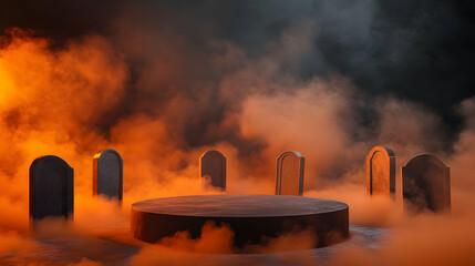 Spooky halloween background with tombstones and fog, perfect for product showcase