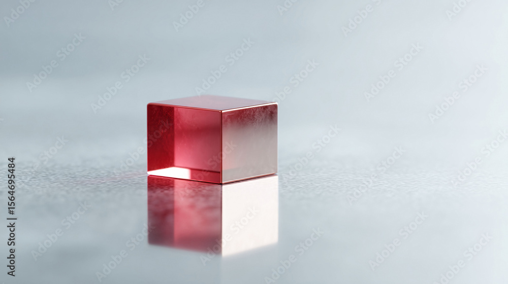 Poster elegant minimalist image featuring a red cube on reflective surface. ideal for abstract concepts, te