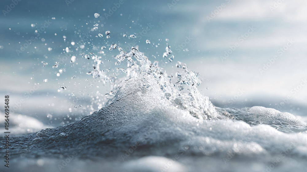 Poster dynamic closeup of a wave cresting and splashing, frozen in time. evokes freshness, purity, and the 