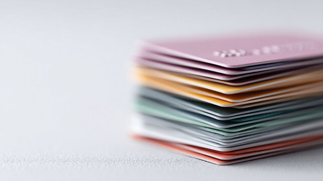 Colorful stack of cards on neutral background, hinting at finance, identity, or organization. Useful for depicting credit, payments, and membership concepts.