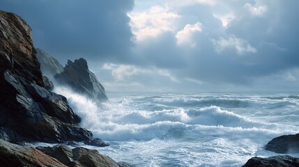 Dramatic Ocean Waves Crashing Against Rugged Coastal Rocks Under a Cloudy Sky A Stunning Seascape Image