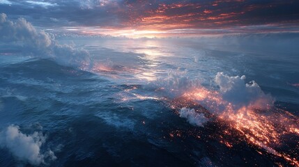 Fototapeta premium Dramatic Aerial View of Volcanic Eruption at Sunset Ocean Waves Crashing Against Glowing Lava