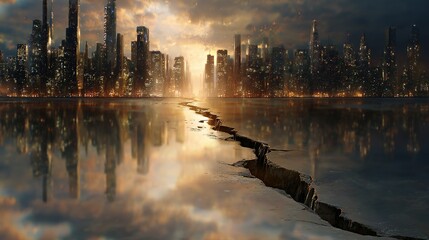 Naklejka premium Futuristic Cityscape Divided by a Giant Crack in the Earth at Sunset A Stunning Digital Art Piece