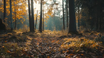 Fototapeta premium Autumn in the woods with a peaceful forest scene