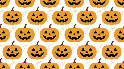 Seamless pattern of happy jack o lantern pumpkins with swirling vines silhouette