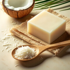 Bar of creamy, white coconut oil-based soap, placed next to a rustic wooden spoon holding a small amount of shredded coconut.