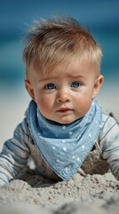Baby with blue eyes crawling on sandy beach during sunny day by the ocean