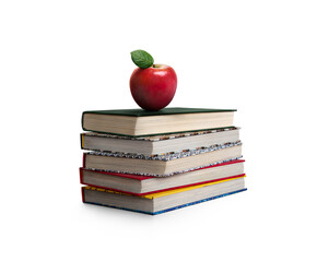 A pile of five colourful books for going back to school or college with a red apple as a healthy...