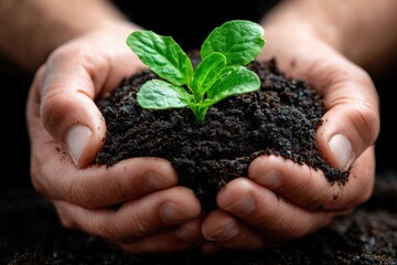 Hands holding soil with a fresh green seedling in a garden setting at noon
