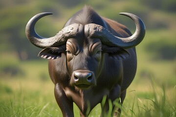 Fototapeta premium Powerful African buffalo standing in grassy field