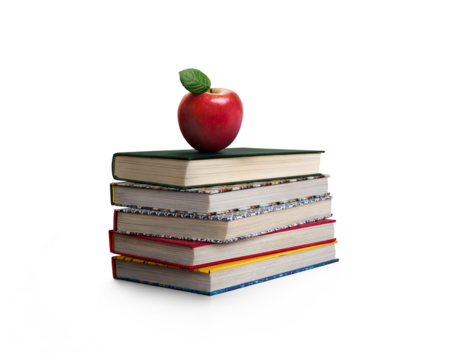 A pile of five colourful books for going back to school or college with a red apple as a healthy snack during their lesson isolated against a transparent background.