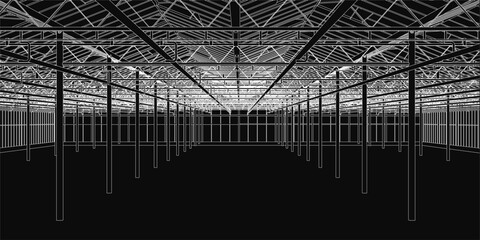 A massive industrial hangar with countless windows and a ceiling of interwoven metal rods creates a striking geometric pattern. The dark background enhances the mysterious and dramatic atmosphere.