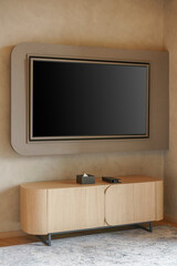 Minimalist living room with a wall-mounted TV in a custom frame and a sleek oak sideboard with...
