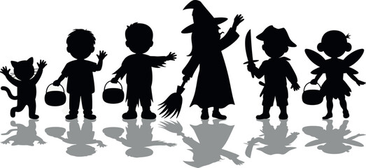 Children in halloween costumes trick or treating with candy buckets silhouette