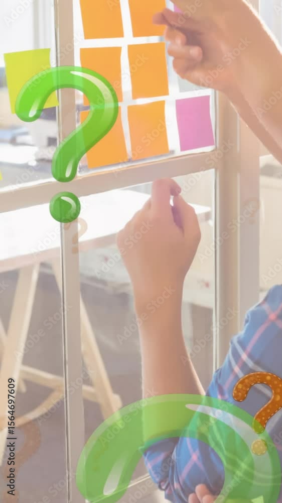 Poster animation of green and red question marks over business people looking at memo notes