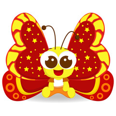 Vector illustration of a cartoon butterfly with red and yellow wings, decorated with stars and circles, featuring large eyes and a smile.