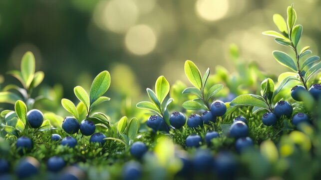 Background of a pine forest with green lush blueberry grass in focus - Powered by Adobe