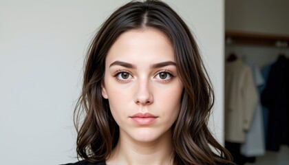 Naklejka premium Serious Woman with Natural Look and Neutral Background