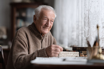 Thoughtful senior man with a gentle smile, reflecting on life while seated at his desk. Nostalgic atmosphere, suitable for themes of aging, memory, and wisdom.
