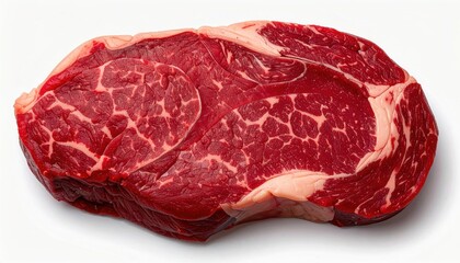 Raw beef steak red meat marbling detail close up view isolated on white background