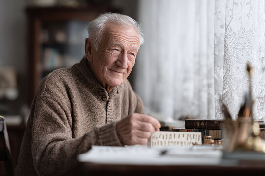Thoughtful senior man with a gentle smile, reflecting on life while seated at his desk. Nostalgic atmosphere, suitable for themes of aging, memory, and wisdom.