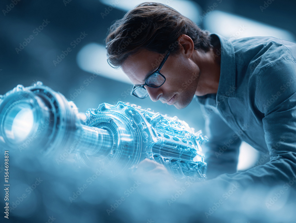 Poster engineer inspecting complex machinery prototype with holographic display. represents innovation, tec