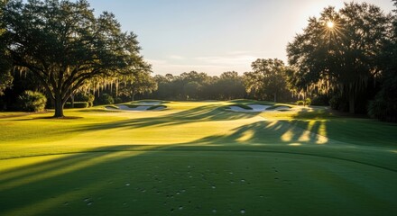 Sunrise Over a Lush Green Golf Course with Scattered Sand Traps and Large Oak Trees