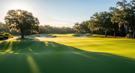 Beautiful Golf Course With Lush Green Fairway and Majestic Oak Trees at Sunrise