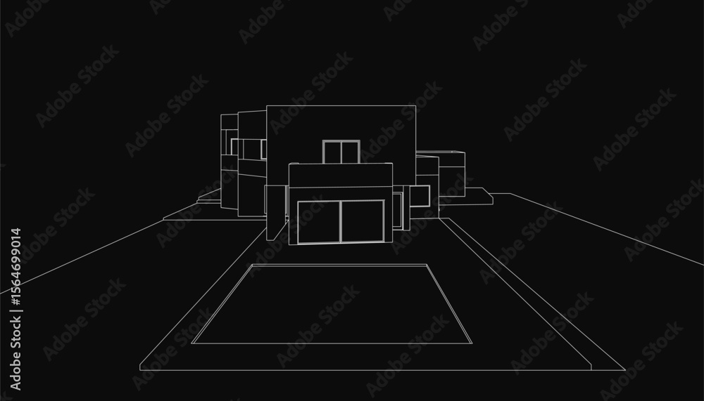 Aufkleber a black and white line drawing of a unique house composed of various geometric shapes and intricate 
