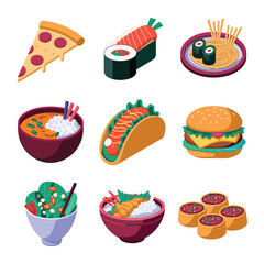 vector icons cooking food chef hat include a pizza slice, a sushi roll, spaghetti and meatballs, a curry bowl burger , fish 
