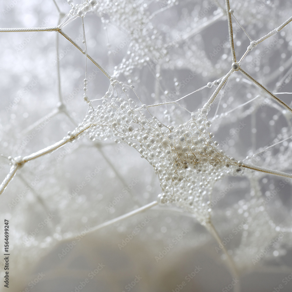 Poster delicate abstract network of threads and beads, shimmering in soft light. evokes connectivity, fragi