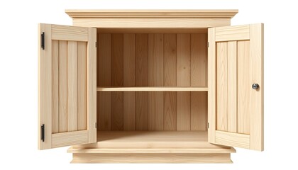 Open wooden cabinet with shelves invites organization and storage in a brightly lit setting.