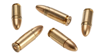Isolated brass metal pistol bullets on a white background