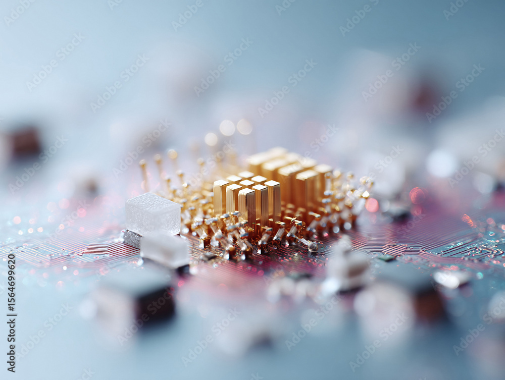 Poster macro shot of a circuit board with golden elements. represents technology, innovation, and complex s