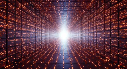 Abstract glowing digital tunnel leading to bright light