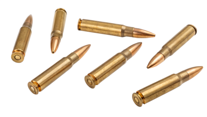 Copper and brass rifle bullets, isolated on a white background, pose a danger as military ammunition