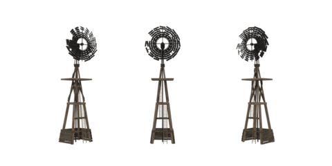 Old wild west wooden windmill water pump tower. Set of 3D renders from 3 angles.