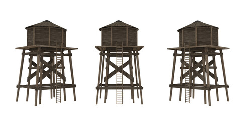 Old wooden water tower. Isolated 3D render from 3 angles.