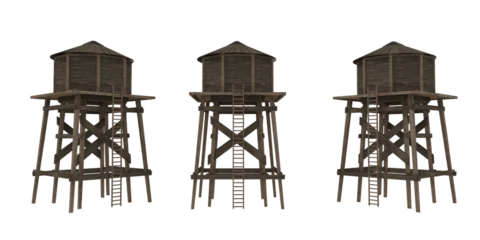 Old wooden water tower. Isolated 3D render from 3 angles.