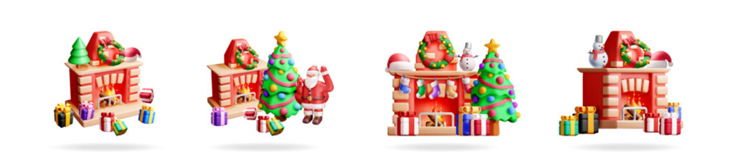 Cute 3d christmas fireplace, snowman, santa claus, tree, wreath, giftbox. Set of bright festive elements for new year card or celebration season.