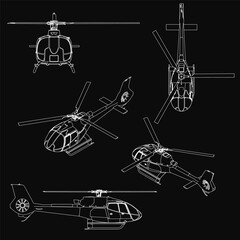 Detailed helicopter blueprints arranged in a row on a black background, showcasing distinct designs and features. Each model displays clear rotor blades, fuselage structure, and landing gear.