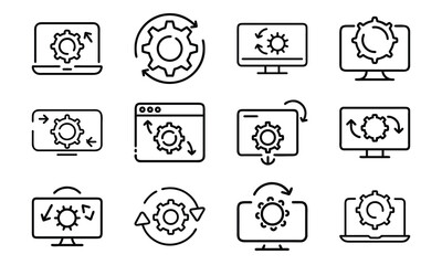 Fototapeta premium Collection of 24 Minimal Technology Line Icons Featuring Gadgets, Electronics, Devices, Computers, Smartphones, Wearables, and Digital Accessories for Modern Tech Design