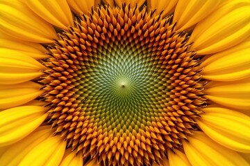 close up of a sunflower center, revealing spiral seed patterns and rich yellow orange hues with high clarity and contrast.