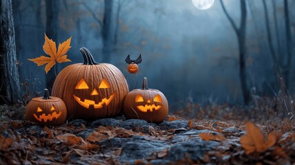 Vintage illustration of pumpkin patch with traditional Halloween motifs.