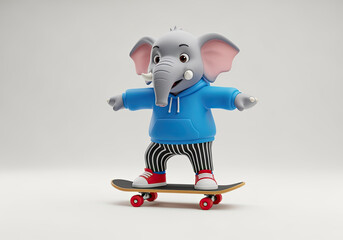A cute cartoon elephant character wearing a blue hoodie and striped pants is balancing on a skateboard, ready to ride with a happy expression.