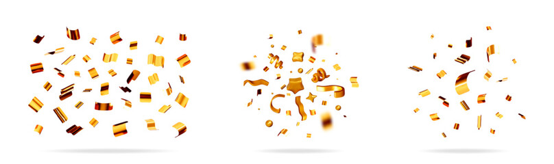 Abstract set of three golden falling confetti elements. Gold explosion in the air for holiday celebration. 3d stock vector illustration collection for background.