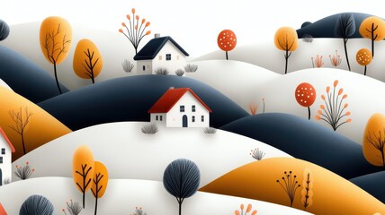 Cheerful pattern with colorful houses and stylized trees on rolling hills.