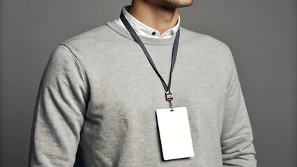 Person wearing a gray sweater and a white collared shirt with a blank id badge and lanyard around neck