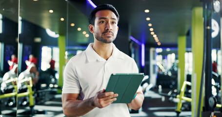 Manager, tablet and thinking with man in gym for membership application, planning or sign up...
