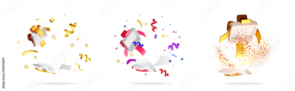 Poster 3d stock vector illustration set collection of opened gift boxes with colorful confetti, ribbons, an